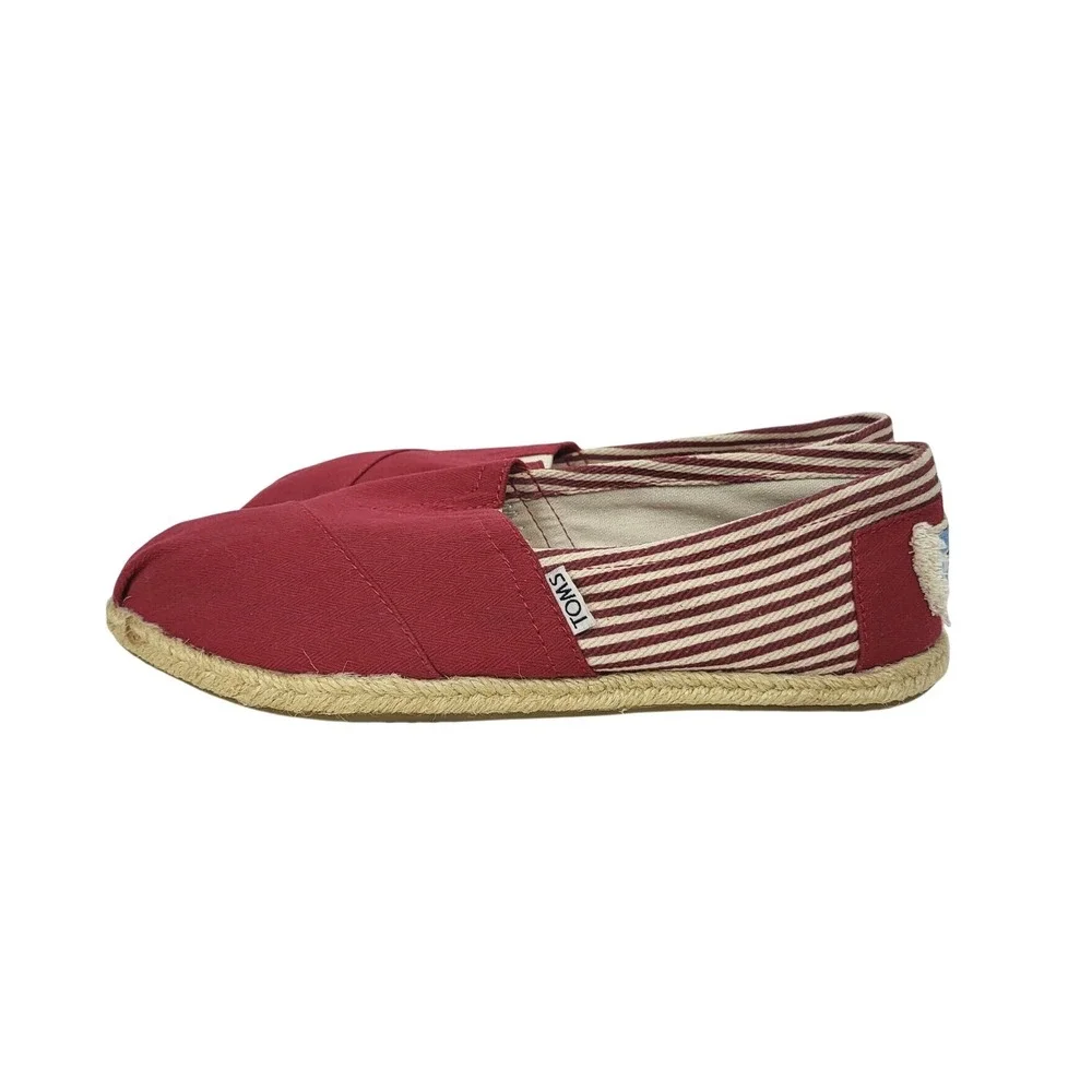 Toms Womens Red White‎ Stripe Slip On Espadrilles Canvas Nautical Shoes 9 Casual